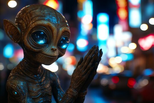 Unusual extraterrestrial figure poses thoughtfully in a vibrant city setting during nighttime