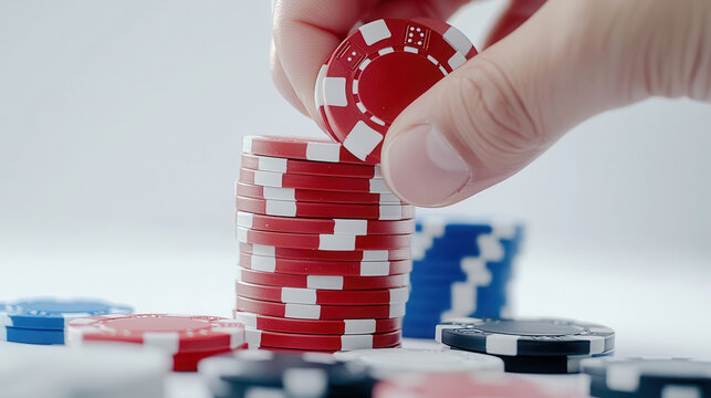 hand stacking red poker chips on table, with blue and black chips scattered around