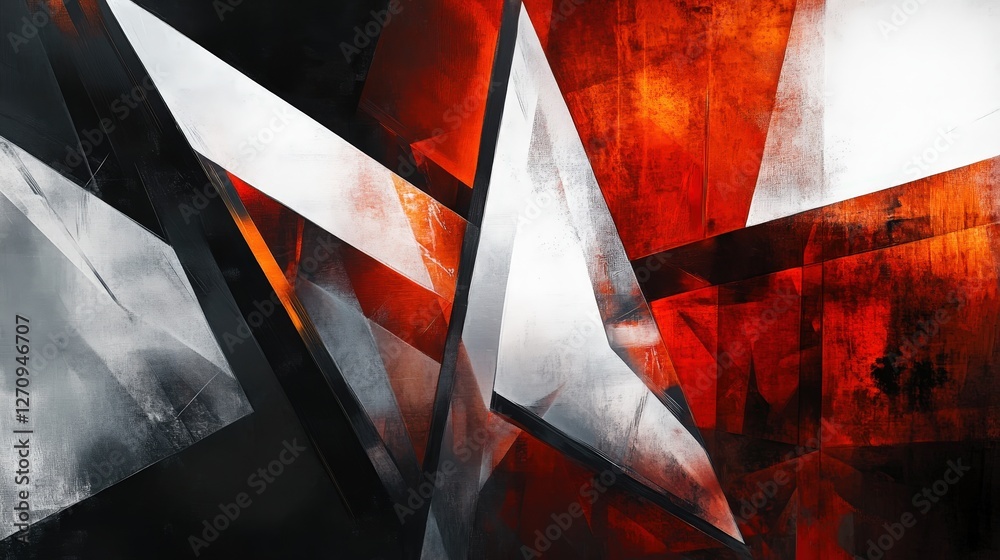Poster bold, angular shapes in sharp contrasts of light and dark, creating a striking visual with a high-en