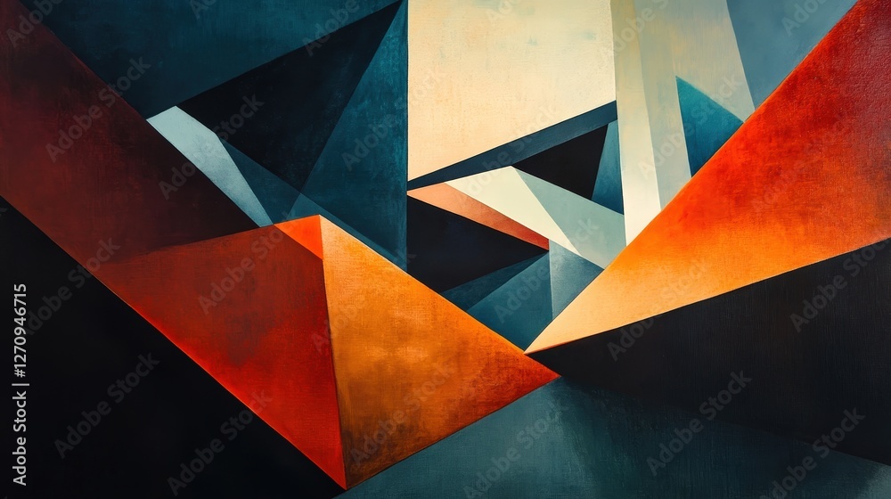 Poster bold, angular shapes in sharp contrasts of light and dark, creating a striking visual with a high-en