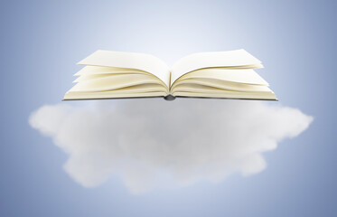 Open book on the cloud on a blue background. Holy Bible concept. 3d-rendering