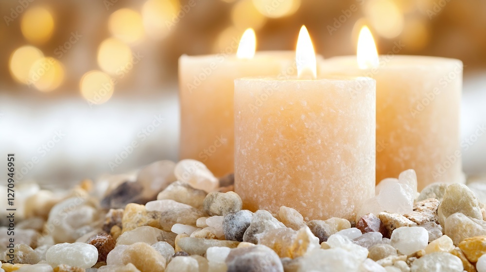 Leinwandbilder three warm candles glowing on a bed of smooth pebbles creating a cozy ambient setting : generative a