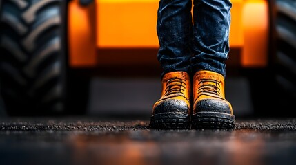 Standing Strong: A Vibrant Pair of Work Boots Ready for Action in an Industrial Environment. Inventory Management, Distribution, Optimization Concept