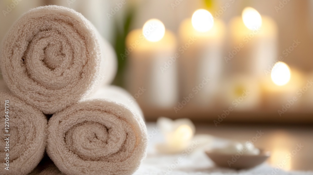 Poster neatly rolled white towels stacked with glowing candles evoking a spalike relaxation atmosphere : ge