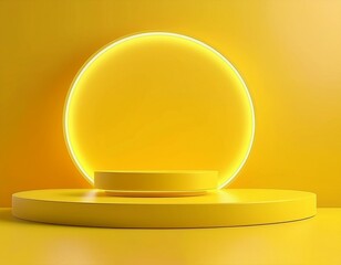3d render yellow platform with neon shining and transparent glass rings. Geometric shapes composition with empty space for product design show. Minimal banner mockup.