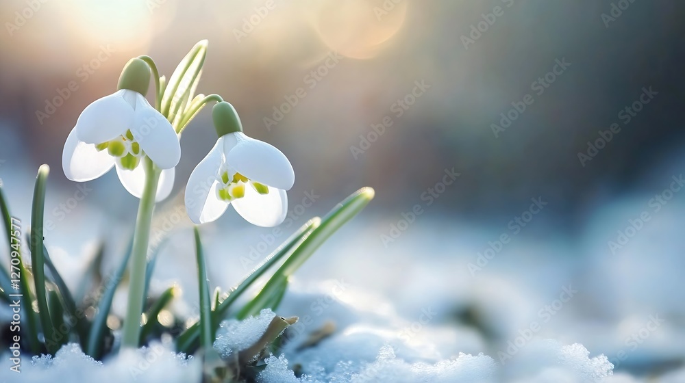 Aufkleber Delicate snowdrops emerging from the snow creating a picturesque scene with subtle light effects in nature : Generative AI