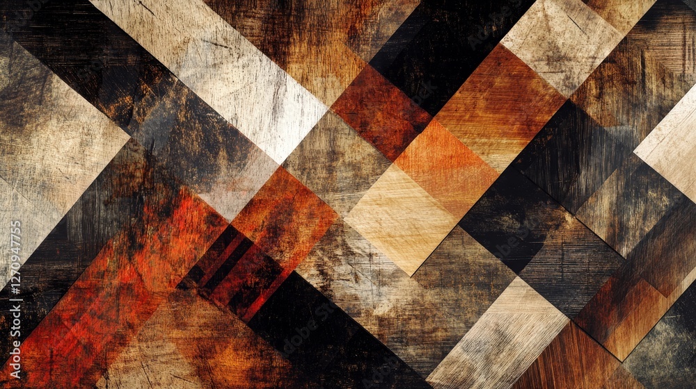 Poster overlapping, translucent triangles and rectangles, each slightly rotated and layered to create a fee
