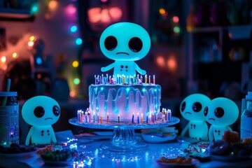 Colorful celebration with glowing alien figures around a decorated birthday cake in a festive room at night