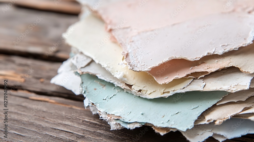 Poster stack of textured colored papers on wooden surface showcasing art and design inspiration : generativ