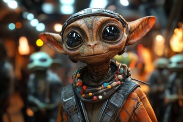 Unique alien character interacting in a vibrant intergalactic market at night with colorful lights and atmospheric elements