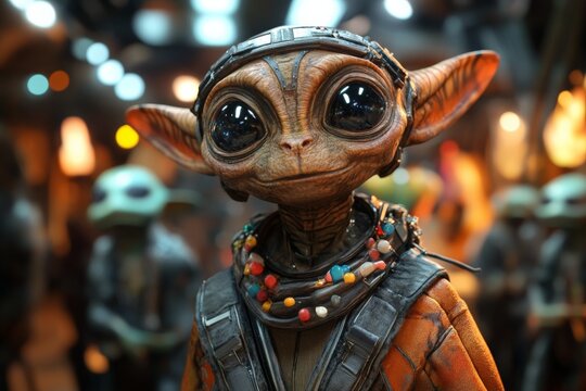 Unique alien character interacting in a vibrant intergalactic market at night with colorful lights and atmospheric elements