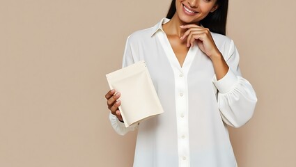 Woman Holding a Blank Packaging Pouch: Mockup for Branding and Design