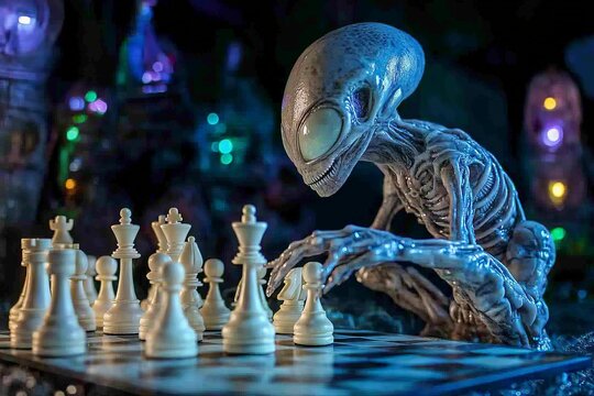 Unique alien creature playing chess in a dimly lit fantasy setting with colorful lights and intricate details