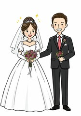 Cartoon bride and groom in wedding attire