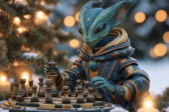 An alien character thoughtfully plays chess amidst a snowy backdrop with twinkling lights in the evening