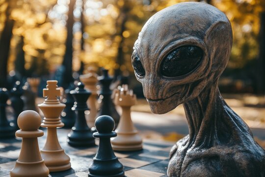 Alien figure observing a chess game in an autumn park surrounded by colorful foliage