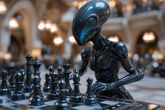 Chess match between a highly detailed alien and classic chess pieces in a grand hall