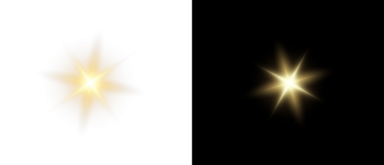Yellow star flashed with sparkles sun isolated on white background. Soft glow without departing rays, sunlight with lens flare effect. PNG vector light effect