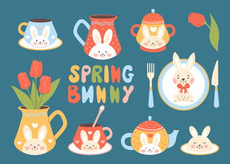 Easter spring bunny clipart. Cute tableware cup, plate, kettle, sugar bowl and jug with bouquet tulips decorated with funny rabbit. Isolated holiday, tea party elements. Vector illustration