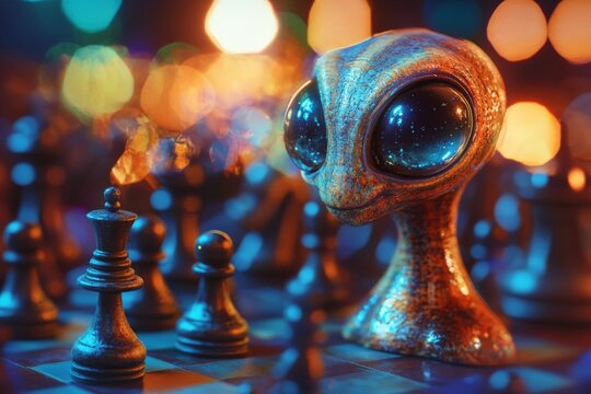 Unique alien figure observing intense chess game in a colorful, vibrant atmosphere at night
