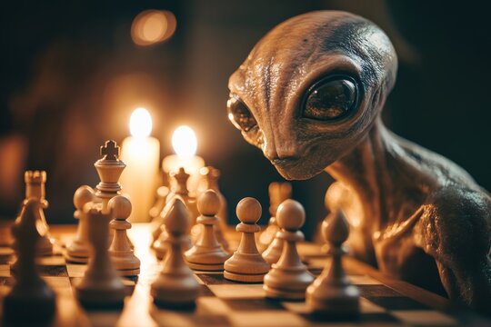 Alien plays chess in dimly lit room illuminated by flickering candles during an intense match with mysterious atmosphere