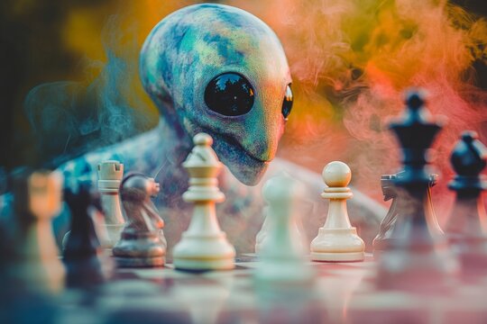 Mysterious alien engaged in a strategic chess match surrounded by ethereal smoke in a vibrant outdoor setting