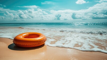 Obraz premium An inflatable ring on the beach with a refreshing breeze, gently placed on the soft sand near the water's edge on a bright day