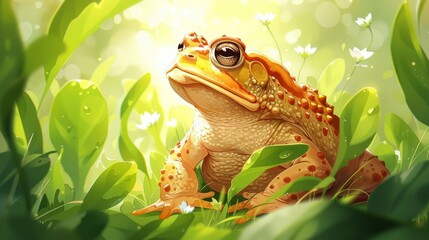 A vibrant frog sits amidst lush greenery, illuminated by soft sunlight.