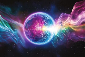 Obraz premium A purple and blue planet in space, surrounded by colorful energy waves, with stars shining brightly
