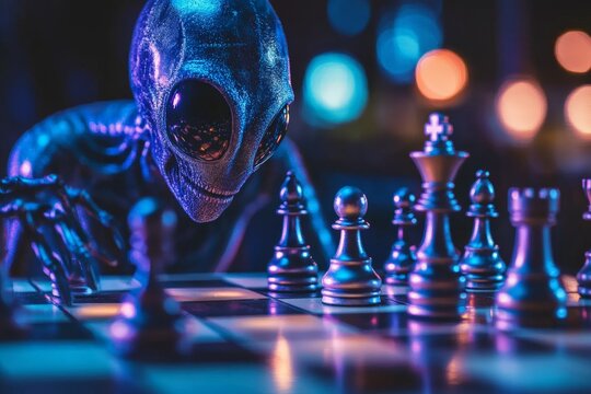 Intriguing alien chess match illuminated by vibrant lights at night