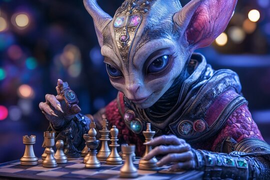 Unique alien character engaged in a strategic chess match under colorful lights in a bustling futuristic setting