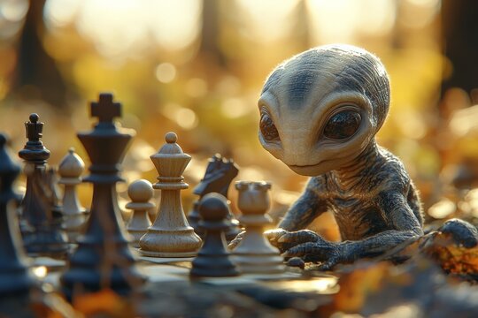 Extraterrestrial life form engaged in a strategic chess game in a forest during golden hour