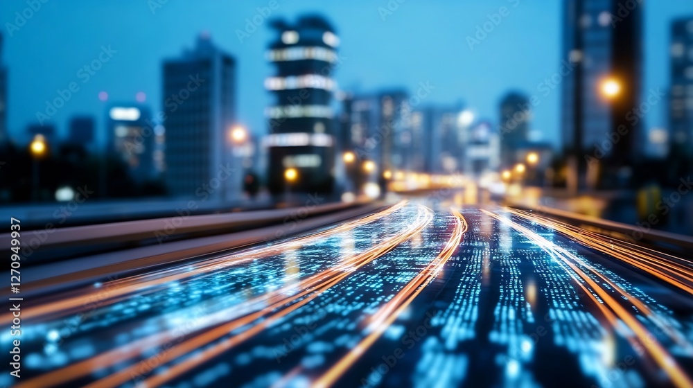 Poster futuristic cityscape featuring glowing data trails representing fast technology and urban connectivi