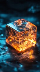 Glowing cube with internal fire-like structures and icy background