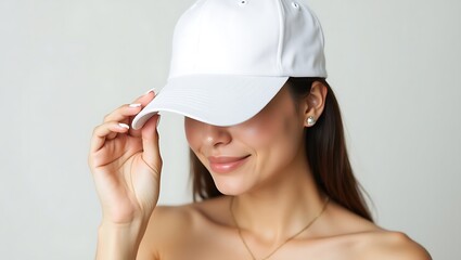Woman Adjusting White Cap, Minimalist Portrait
