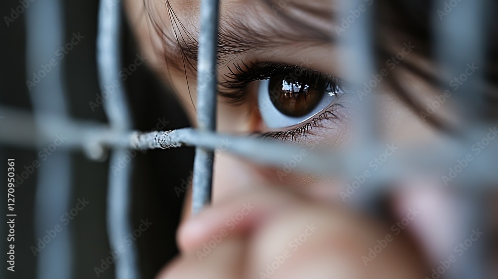 Poster intense closeup of a child's eye behind metal bars showcasing curiosity and longing : generative ai