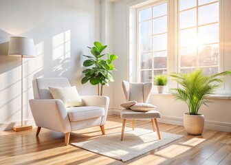Bright Scandinavian Living Room with White Armchair, Sunlight, and Potted Plant