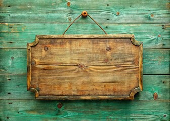 Blank Rustic Wooden Sign Hanging on Antique Mint Green Wall - Perfect for Mockups