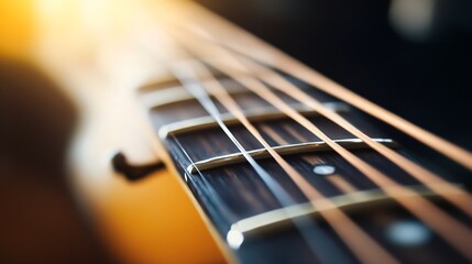 Fototapeta premium Guitar strings and fretboard captured in soft light showcasing musical elegance and artistry : Generative AI