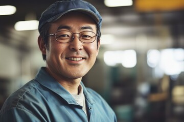 Fototapeta premium Portrait of a smiling Japanese man in work , facing the camera, in a factory hall.