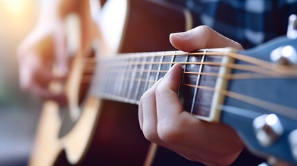 Fototapeta premium Skilled musician strumming guitar strings in natural light creating a moment of musical delight : Generative AI