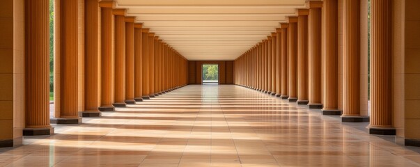 Fototapeta premium Empty Hallway with Columns and Natural Light Creating Symmetrical Patterns in Modern Architecture