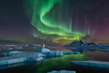 A vast, icy tundra with a lone polar bear standing on a floating iceberg, the northern lights glowing above.