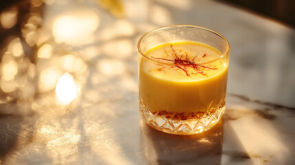 Golden beverage in a glass with saffron threads, bathed in soft sunlight on a marble-like surface.