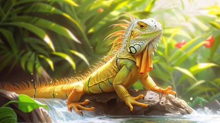 Fototapeta premium A vibrant iguana basking on a rock by a stream in a lush, tropical environment.