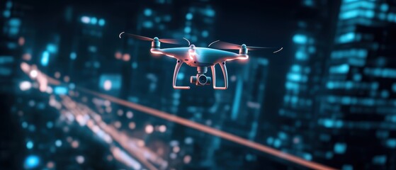 Autonomous AI drone flying over a futuristic smart city, high-tech urban innovation, artificial intelligence surveillance