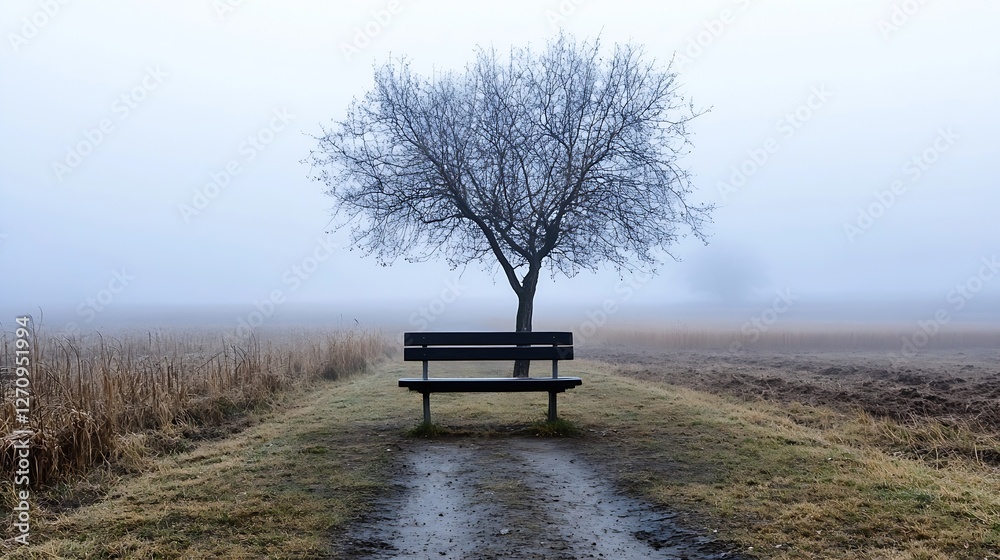 Poster serene foggy landscape with a solitary bench and bare tree on a misty morning : generative ai