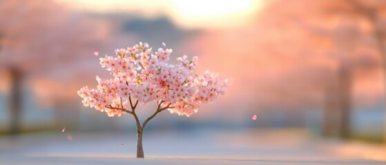 Cherry blossom trees in full bloom lining a quiet park path, soft pink petals falling, dreamy springtime scenery with golden light