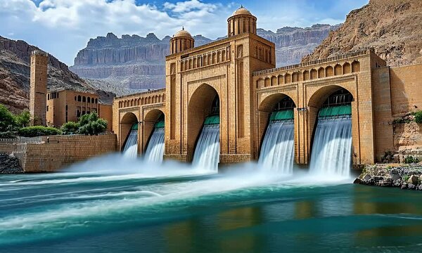 Majestic dam with multiple archways releasing water into a turquoise river, set against a backdrop of dramatic mountains under a partly cloudy sky.