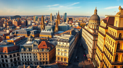 Fototapeta premium Golden Hour Panorama A Citys Architectural Elegance